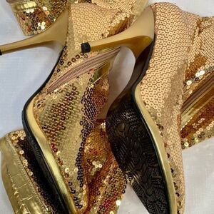 NEW VINTAGE GOLD THIGH HIGH SEQUIN BOOTS w INSIDE ZIPPER 4” HEEL